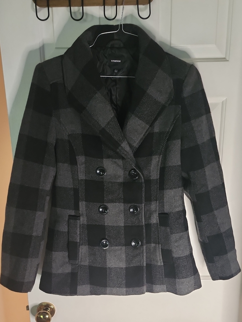 Rampage Women's Black & Gray Plaid Double-Breasted Pea Coat